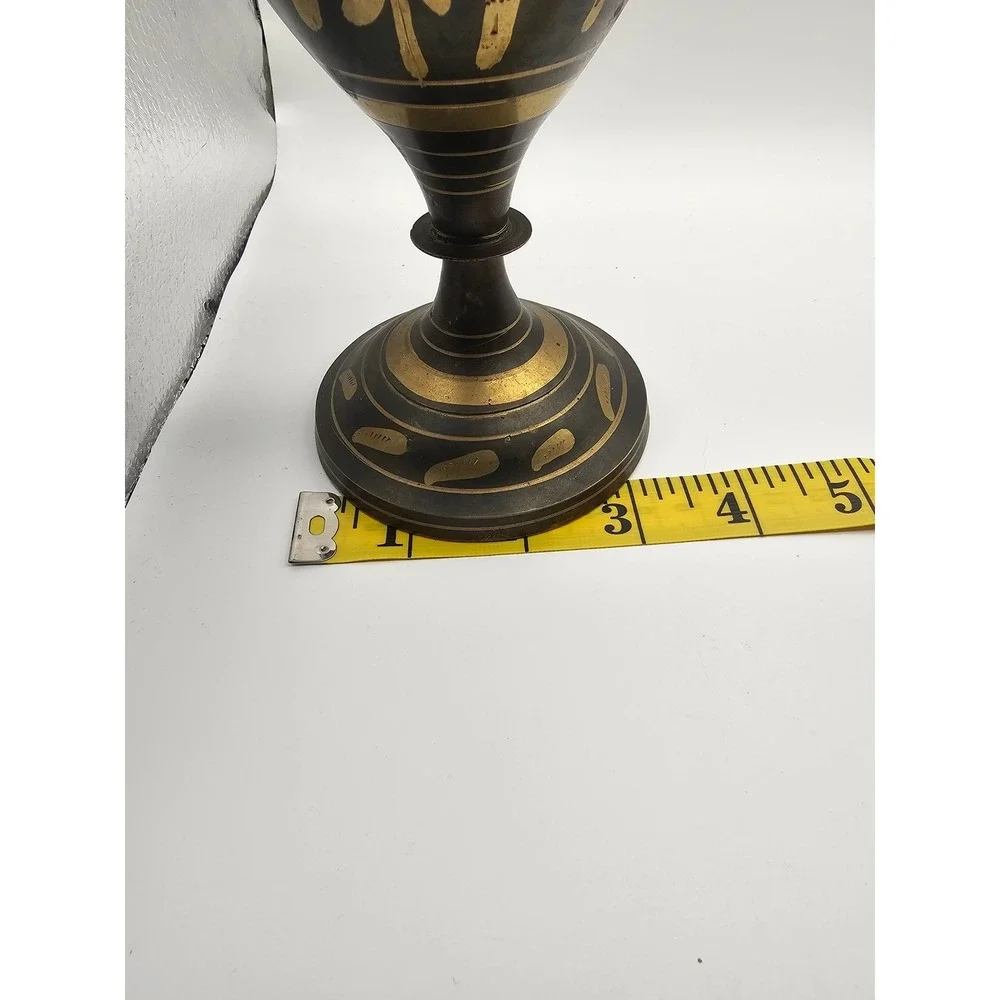 Vintage Etched Brass Vase Black Gold Floral Ruffled Rim Pedestal Base 10.5
